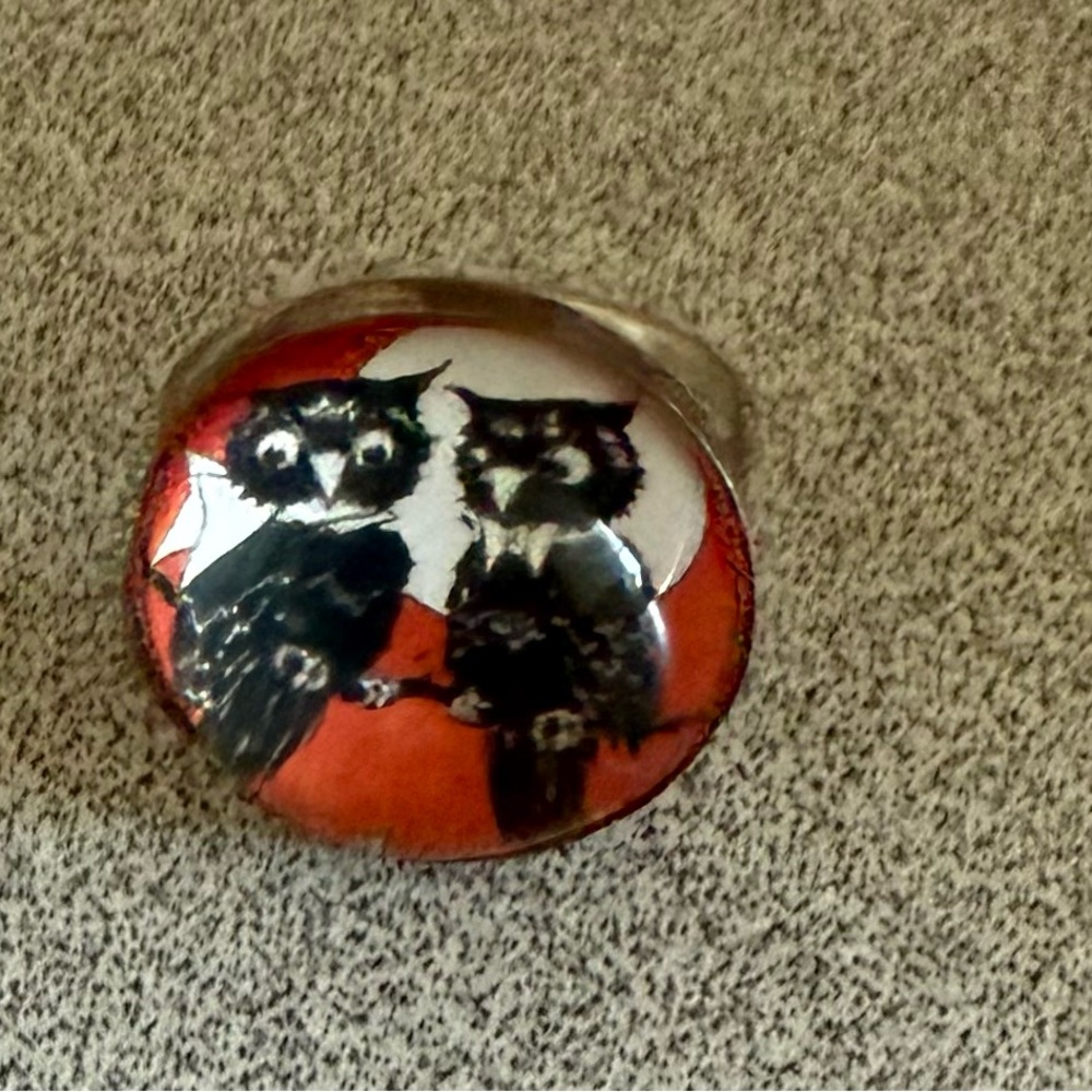 Hotcakes Design Owl Design Ring with Red Background.